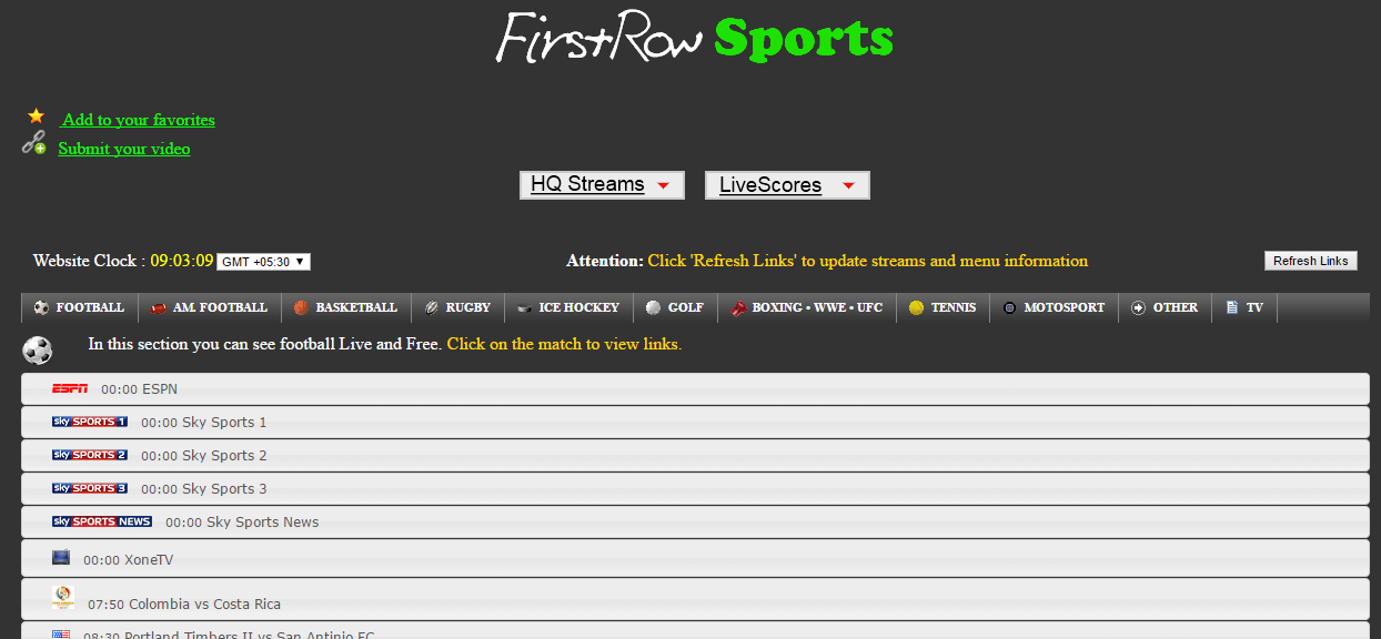 How do you watch football for free on First Row Sports?